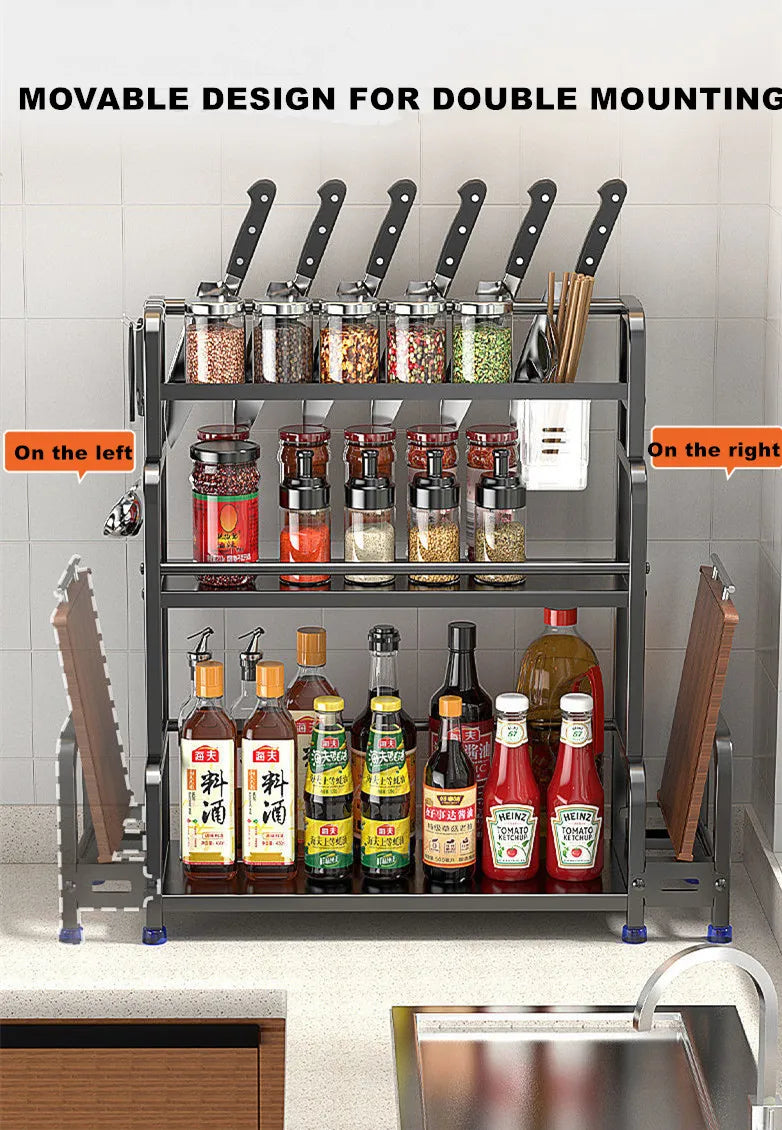 2/3Layer Kitchen Storage Shelf Stainless Steel Seasoning Jar Spice Storage Rack Chopsticks Knife Shelf Bar Organizer Accessories