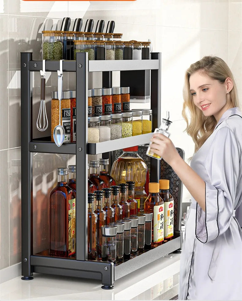 2/3Layer Kitchen Storage Shelf Stainless Steel Seasoning Jar Spice Storage Rack Chopsticks Knife Shelf Bar Organizer Accessories