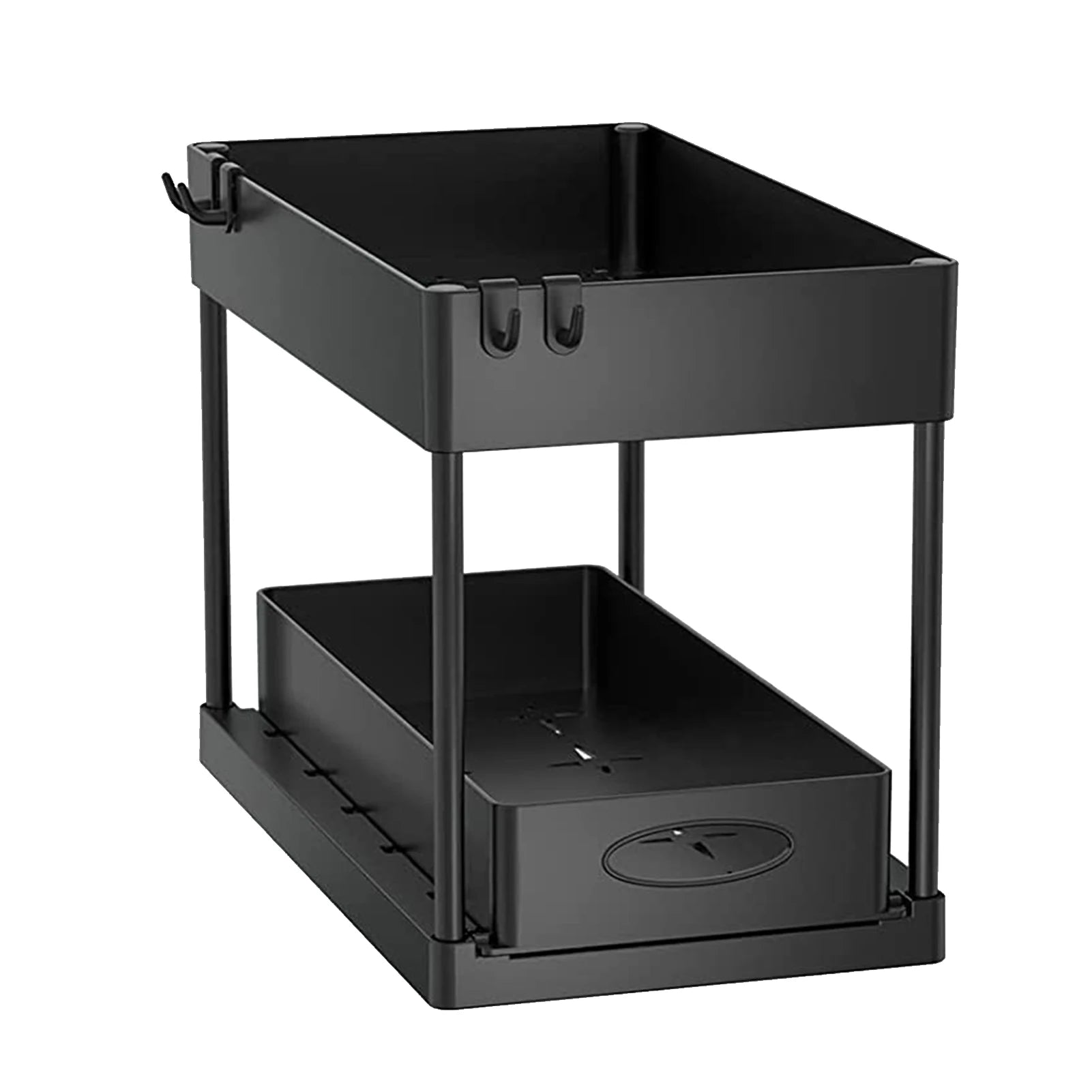 2 Tier Under Sink Organizer Sliding Cabinet Basket Organizer Storage Rack with Hooks Hanging Cup Bathroom Kitchen Organizer