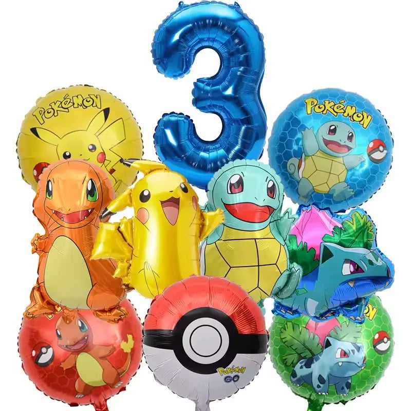 10pcs Pokemon Balloons set Pikachu Pokemon Ball Balloons 32inch Blue Number Balloon 1-9 for Kids 1-9th Birthday Party Decoration