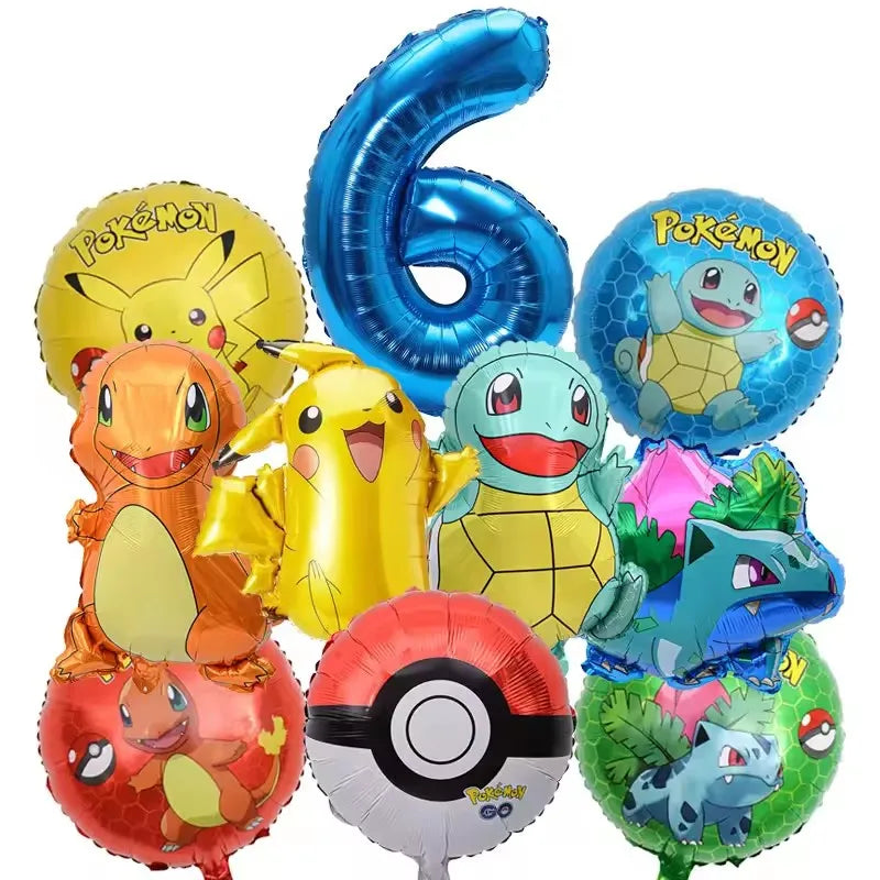 10pcs Pokemon Balloons set Pikachu Pokemon Ball Balloons 32inch Blue Number Balloon 1-9 for Kids 1-9th Birthday Party Decoration