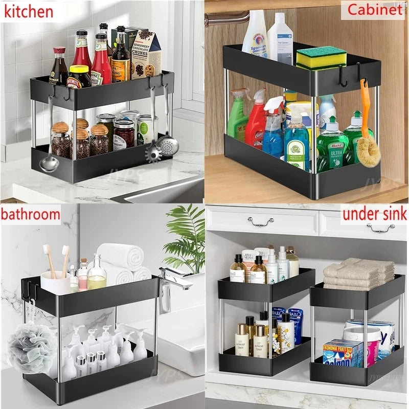 2 Tier Under Sink Organizer Sliding Cabinet Basket Organizer Storage Rack with Hooks Hanging Cup Bathroom Kitchen Organizer