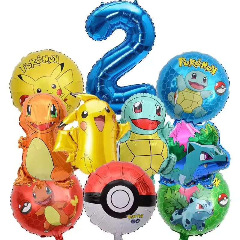 10pcs Pokemon Balloons set Pikachu Pokemon Ball Balloons 32inch Blue Number Balloon 1-9 for Kids 1-9th Birthday Party Decoration