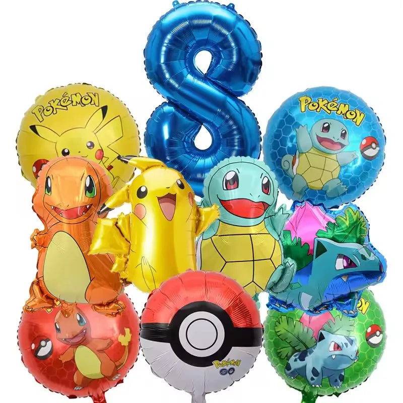 10pcs Pokemon Balloons set Pikachu Pokemon Ball Balloons 32inch Blue Number Balloon 1-9 for Kids 1-9th Birthday Party Decoration