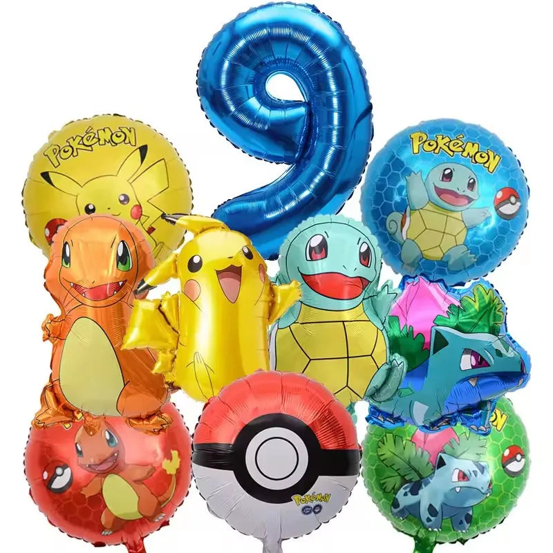 10pcs Pokemon Balloons set Pikachu Pokemon Ball Balloons 32inch Blue Number Balloon 1-9 for Kids 1-9th Birthday Party Decoration
