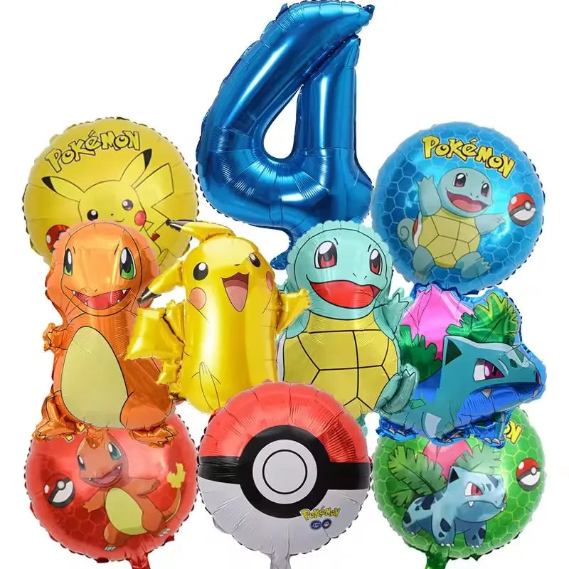 10pcs Pokemon Balloons set Pikachu Pokemon Ball Balloons 32inch Blue Number Balloon 1-9 for Kids 1-9th Birthday Party Decoration