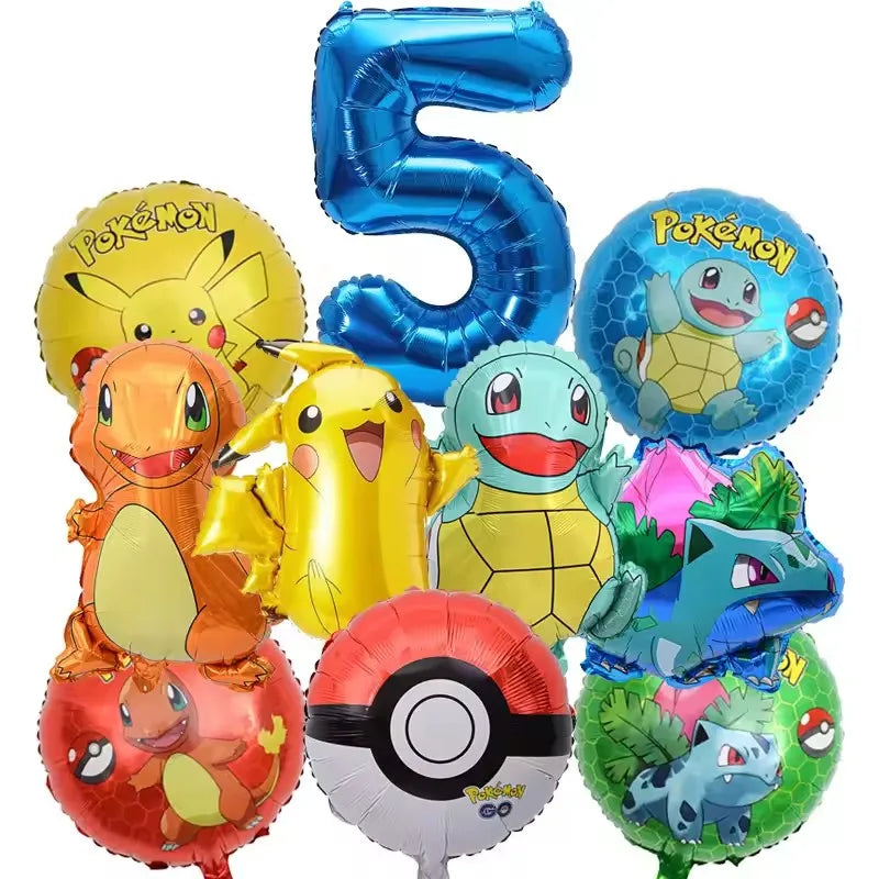 10pcs Pokemon Balloons set Pikachu Pokemon Ball Balloons 32inch Blue Number Balloon 1-9 for Kids 1-9th Birthday Party Decoration