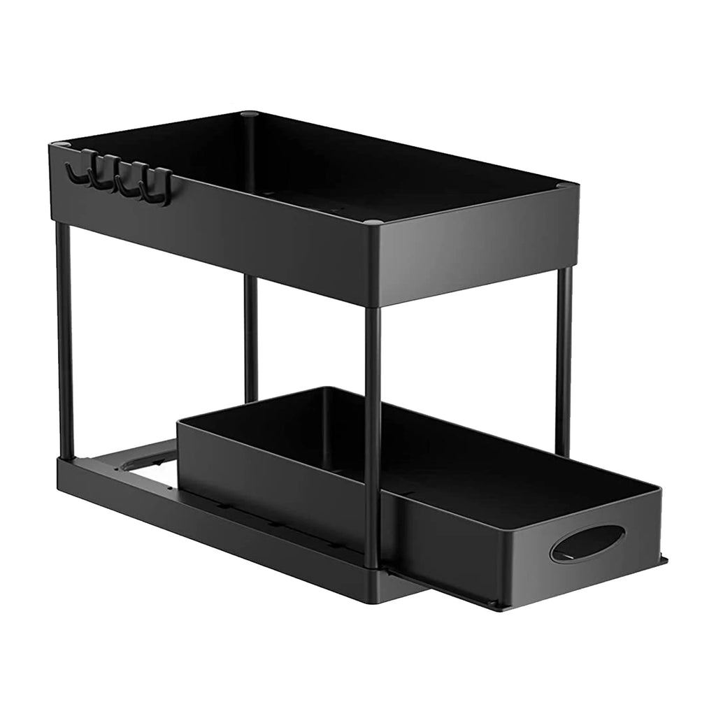 2 Tier Under Sink Organizer Sliding Cabinet Basket Organizer Storage Rack with Hooks Hanging Cup Bathroom Kitchen Organizer