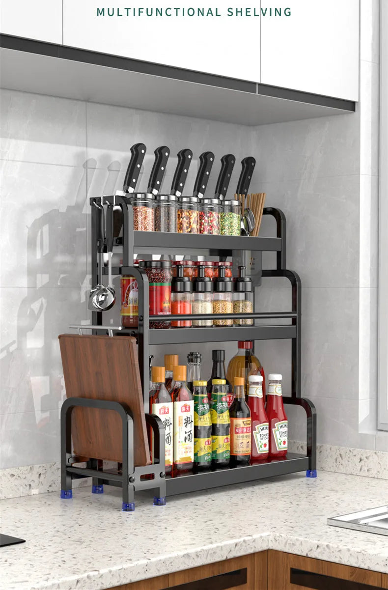 2/3Layer Kitchen Storage Shelf Stainless Steel Seasoning Jar Spice Storage Rack Chopsticks Knife Shelf Bar Organizer Accessories