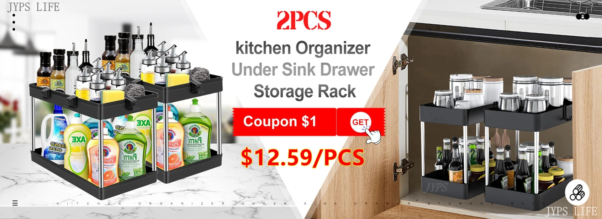 2 Tier Under Sink Organizer Sliding Cabinet Basket Organizer Storage Rack with Hooks Hanging Cup Bathroom Kitchen Organizer