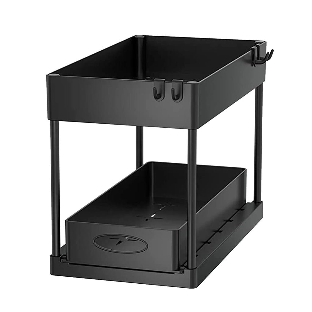 2 Tier Under Sink Organizer Sliding Cabinet Basket Organizer Storage Rack with Hooks Hanging Cup Bathroom Kitchen Organizer