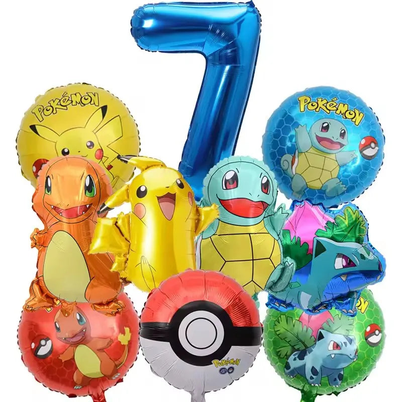 10pcs Pokemon Balloons set Pikachu Pokemon Ball Balloons 32inch Blue Number Balloon 1-9 for Kids 1-9th Birthday Party Decoration