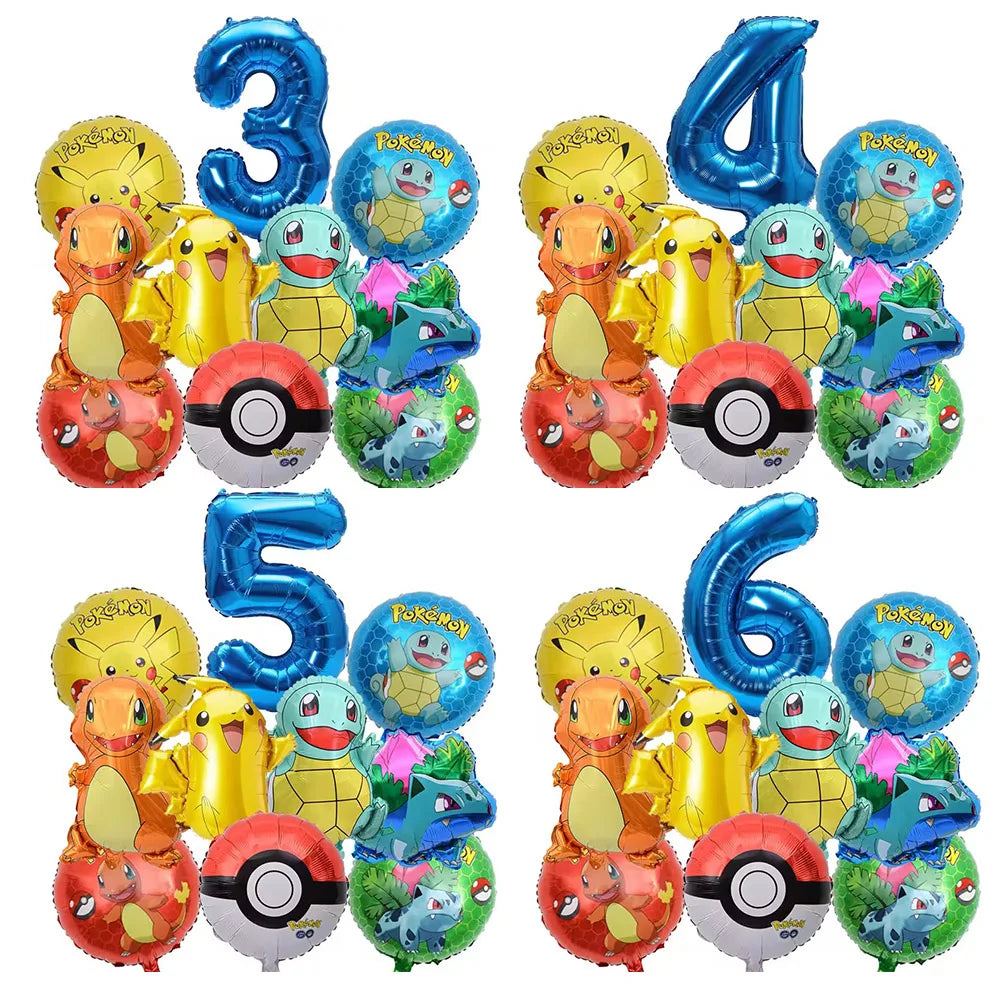 10pcs Pokemon Balloons set Pikachu Pokemon Ball Balloons 32inch Blue Number Balloon 1-9 for Kids 1-9th Birthday Party Decoration