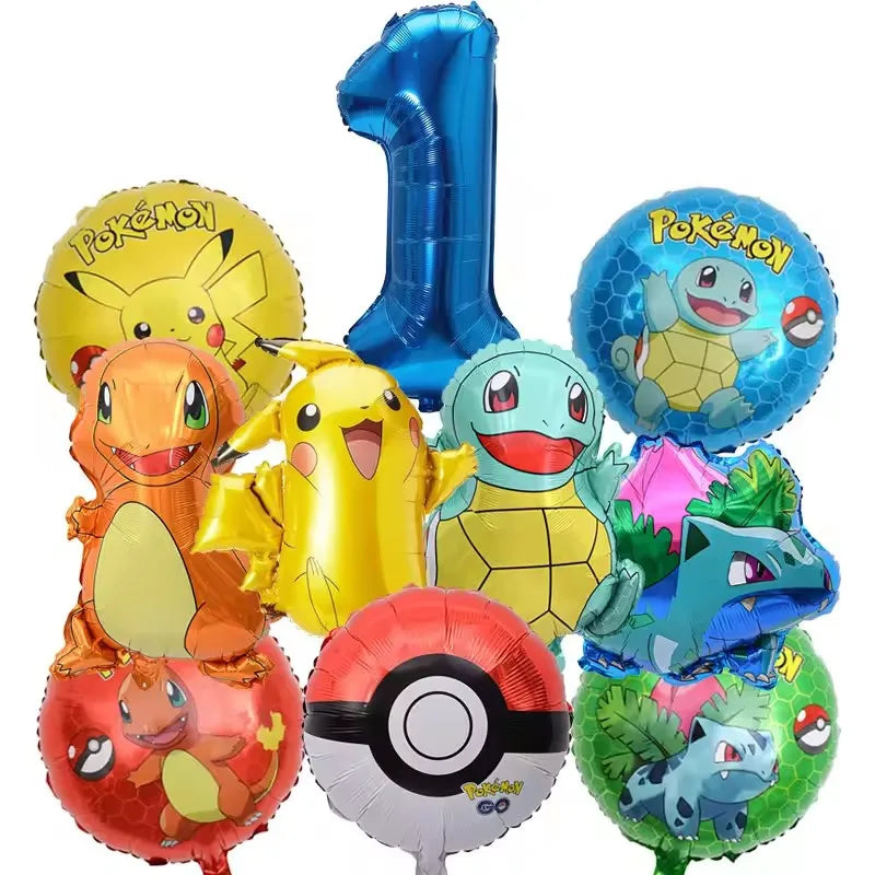10pcs Pokemon Balloons set Pikachu Pokemon Ball Balloons 32inch Blue Number Balloon 1-9 for Kids 1-9th Birthday Party Decoration