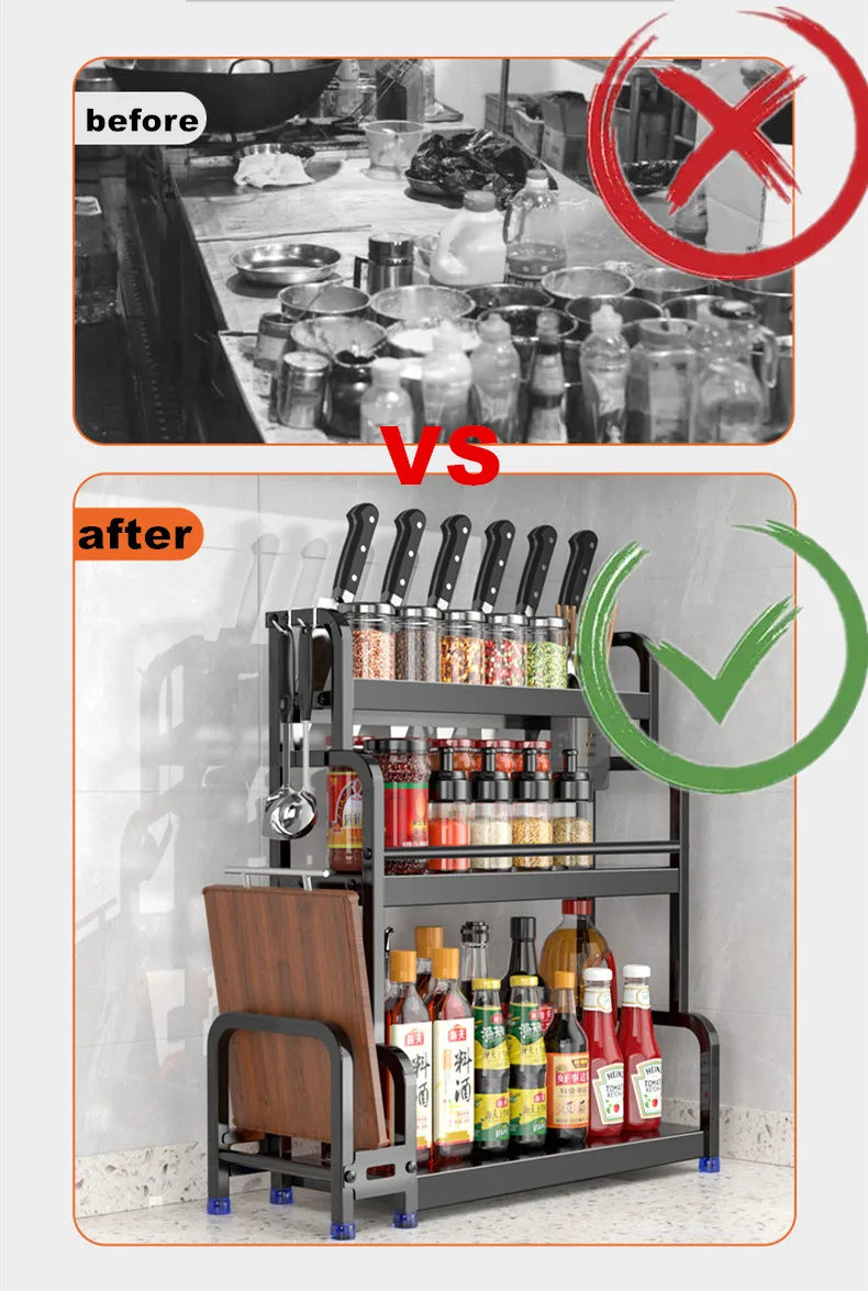 2/3Layer Kitchen Storage Shelf Stainless Steel Seasoning Jar Spice Storage Rack Chopsticks Knife Shelf Bar Organizer Accessories