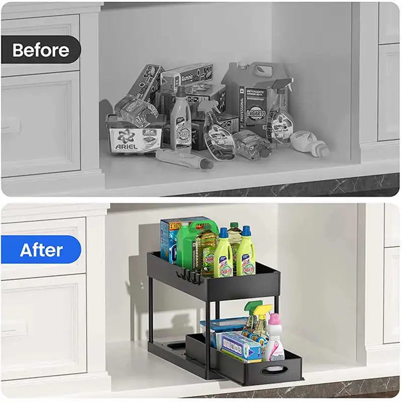 2 Tier Under Sink Organizer Sliding Cabinet Basket Organizer Storage Rack with Hooks Hanging Cup Bathroom Kitchen Organizer